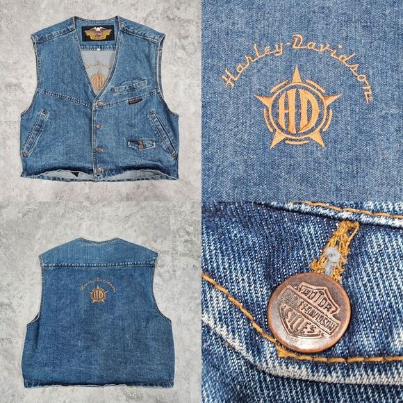 Vintage Harley Davidson cotton Jean Vest Logo Buttons Embroidered Logo Back Sz L - Picture 1 of 7